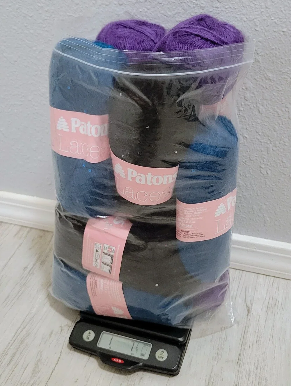 9 Skeins Patrons Lace Sequin Yarn Aquamarine Amethyst Onyx Sapphire 1.45 lb Lot